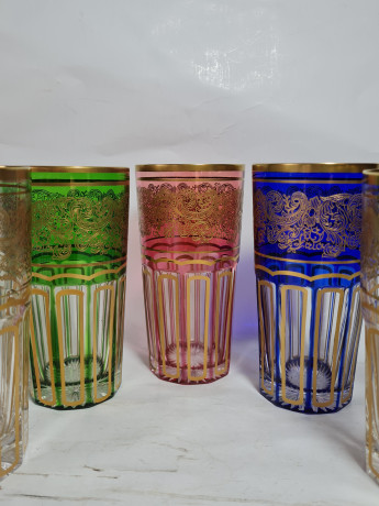 Стаканы винтажные Albena Morokko из цветного стекла с золотистым декором, 5 шт.х 13,5 см и 1 шт.х 10 см, Германия, 1960-70гг.