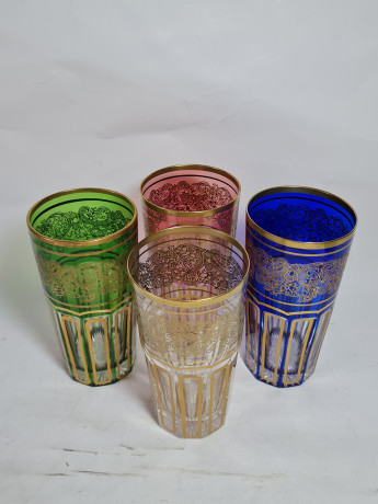 Стаканы винтажные Albena Morokko из цветного стекла с золотистым декором, 5 шт.х 13,5 см и 1 шт.х 10 см, Германия, 1960-70гг.