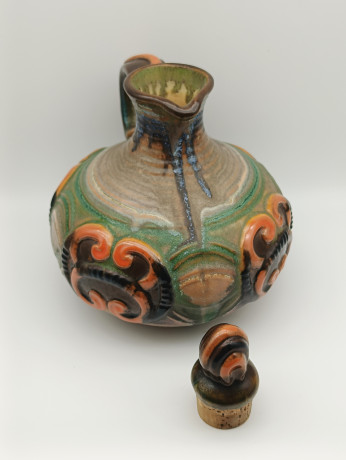 Кувшин винтажный с бокалами Georgenthal / Коллекция Cherry с крышкой, узкое горлышко, керамика / стекло, кувшин - 1 шт., бокалы - 4 шт., Германия, 1970-80гг.