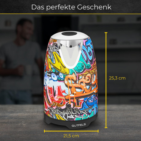 Gutfels Gutfels Wasserkocher WATER 3010 G, 2200 W, Graffiti-Style, 1,7 Liter, 2200 Watt, 360 Grad Sockel  Чайник Gutfels WATER 3010 G, 2200 Вт, стиль граффити, 1,7 литра, 2200 Вт, основание 360 градусов