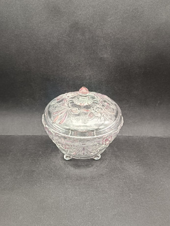 Конфетница винтажная Walther Glas с розовым декором в виде цветов и бантов, хрусталь, 14.5 х 13 см, Германия, 1970-80гг.