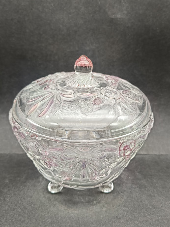 Конфетница винтажная Walther Glas с розовым декором в виде цветов и бантов, хрусталь, 14.5 х 13 см, Германия, 1970-80гг.