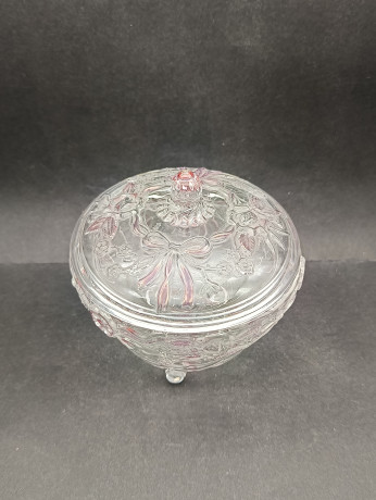 Конфетница винтажная Walther Glas с розовым декором в виде цветов и бантов, хрусталь, 14.5 х 13 см, Германия, 1970-80гг.