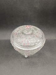 Конфетница винтажная Walther Glas с розовым декором в виде цветов и бантов, хрусталь, 14.5 х 13 см, Германия, 1970-80гг.