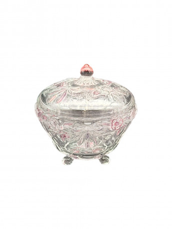 Конфетница винтажная Walther Glas с розовым декором в виде цветов и бантов, хрусталь, 14.5 х 13 см, Германия, 1970-80гг.