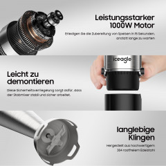 iceagle iceagle Stabmixer 4-in-1 mit Schneebesen, Becher und Zerkleinerungsschussel 1000W, 1000,00 W, Schneebesen, Milchaufschaumer, Zerkleinerer, Mashers, 600ml Messbecher  Ручной блендер Iceagle 4-в-1 с венчиком, чашкой и чашей для измельчения 1000 Вт, 