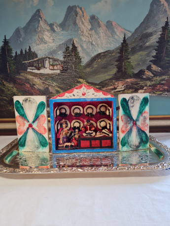 Композиция винтажная Retablos "Магазин шляпок", гипс, ручная роспись, 16 x 8 x 17,5 см, Германия, 1960-70гг.