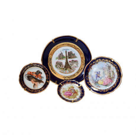 Limoges France Набор тарелок  темно-синий фарфор с рисунком и золотым декором, 11,5см / 8см / 6,5 см/ 5,5см, Франция, 1960-70гг.