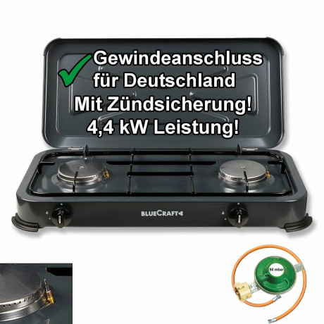 BlueCraft BlueCraft Gaskocher, (Gas-Kochfeld 2 flammen Propangas mit Schlauch und Druckminderer), Campingkocher 2-flammig mit Zundsicherung Gasschlauch Gasregler  Газовая плита BlueCraft, (газовая плита, 2 пламени, пропан, со шлангом и редуктором), походн