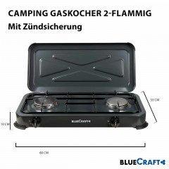BlueCraft BlueCraft Gaskocher, (Gas-Kochfeld 2 flammen Propangas mit Schlauch und Druckminderer), Campingkocher 2-flammig mit Zundsicherung Gasschlauch Gasregler  Газовая плита BlueCraft, (газовая плита, 2 пламени, пропан, со шлангом и редуктором), походн