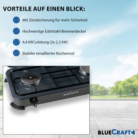 BlueCraft BlueCraft Gaskocher, (Gas-Kochfeld 2 flammen Propangas mit Schlauch und Druckminderer), Campingkocher 2-flammig mit Zundsicherung Gasschlauch Gasregler  Газовая плита BlueCraft, (газовая плита, 2 пламени, пропан, со шлангом и редуктором), походн