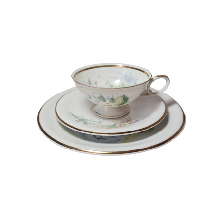 Чайное трио винтажное Schrinding Bavaria, белый фарфор с изображением оленя в лесу, Германия, 1960-70гг.