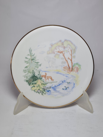 Чайное трио винтажное Schrinding Bavaria, белый фарфор с изображением оленя в лесу, Германия, 1960-70гг.