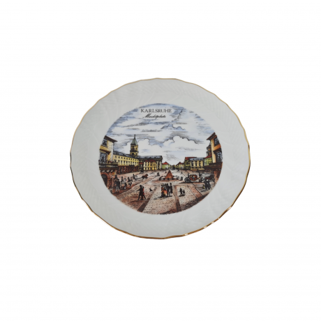 Тарелка декоративная винтажная Schirnding, белый фарфор с красочным изображением рыночной площади Карлсруэ, 20 x 2,5 см, Германия, 1960-70гг.