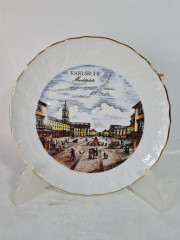 Тарелка декоративная винтажная Schirnding, белый фарфор с красочным изображением рыночной площади Карлсруэ, 20 x 2,5 см, Германия, 1960-70гг.