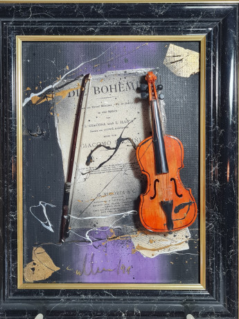 Картина винтажная "Скрипка" худ. Salvatore Coccia / Die Boheme, черно-золотая рама, 31,5 x 25 см, Германия, 1960-1970гг.