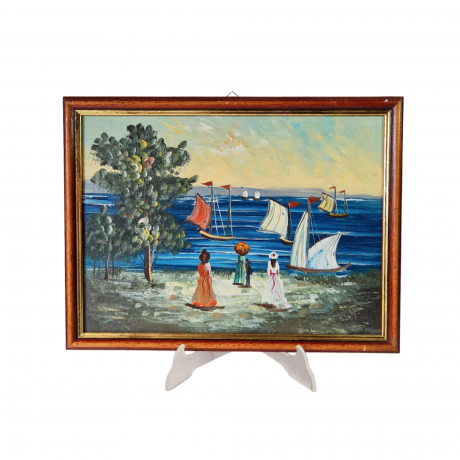 Картина винтажная "Девушки, наблюдающие за парусниками", масло, деревянная рама, 41,5 x 32 см, Германия, 1960-70гг.