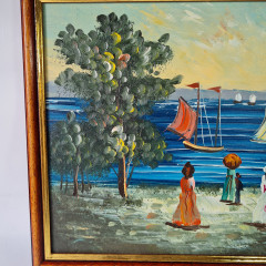 Картина винтажная "Девушки, наблюдающие за парусниками", масло, деревянная рама, 41,5 x 32 см, Германия, 1960-70гг.