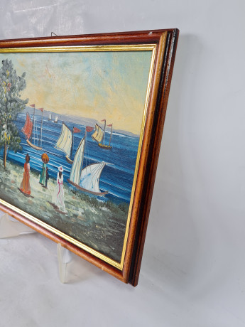 Картина винтажная "Девушки, наблюдающие за парусниками", масло, деревянная рама, 41,5 x 32 см, Германия, 1960-70гг.