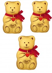 Lindt 2025 Teddy 3stk x 100g, Мишки Линдт из молочного шоколада, 12см, с красным бантом и красным сердцем, 3шт х 100г (300 грамм)