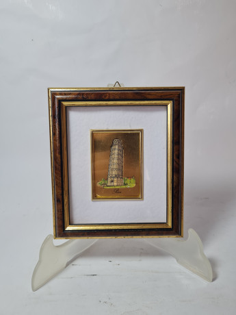 Картина винтажная с позолоченным изображением Пизанской башни, фольга / дерев.рама, 16 х 14 см, Германия, 1960-70гг.