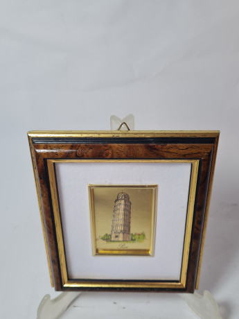 Картина винтажная с позолоченным изображением Пизанской башни, фольга / дерев.рама, 16 х 14 см, Германия, 1960-70гг.