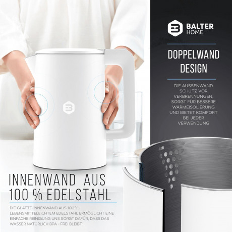 Balter Balter Wasserkocher WK-4, Edelstahl, 1,7 Liter, Doppelwand Design, BPA frei, LED, weiss Чайник Balter WK-4, нержавеющая сталь, 1,7 литра, конструкция с двойными стенками, без BPA, светодиод, белый