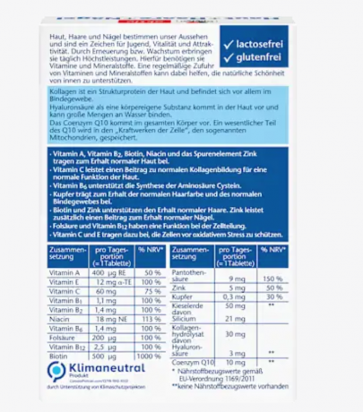 Doppelherz Haut + Haare + Nagel Tabletten 30 St, 19,9 g Комплекс с цинком, биотином, Q10 и витамином А для здоровья кожи, волос и ногтей 30шт
