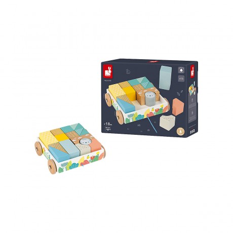 Janod Pure Nachziehwagen mit 16 Steinen Чистая тележка с 16 камнями