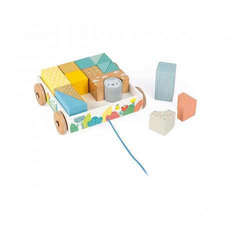 Janod Pure Nachziehwagen mit 16 Steinen Чистая тележка с 16 камнями