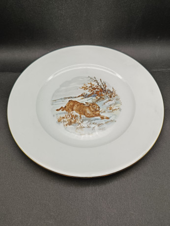 Набор сервировочных тарелок винтажных Wundsiedel Bavaria "Лось", "Кабан", "Заяц", 6 шт., фарфор, 27 см, Германия, 1960-70гг.
