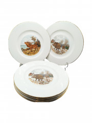 Набор сервировочных тарелок винтажных Wundsiedel Bavaria "Лось", "Кабан", "Заяц", 6 шт., фарфор, 27 см, Германия, 1960-70гг.