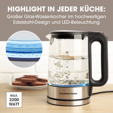 GOURMETmaxx GOURMETmaxx Wasserkocher Glas LED-Beleuchtung 1,7L Antikalkfilter, 1.7 l, 2200,00 W, automatischer Abschalter  Чайник GOURMETmaxx стеклянный со светодиодной подсветкой, фильтр от накипи 1,7 л, 1,7 л, 2200,00 Вт, автоматическое отклчение
