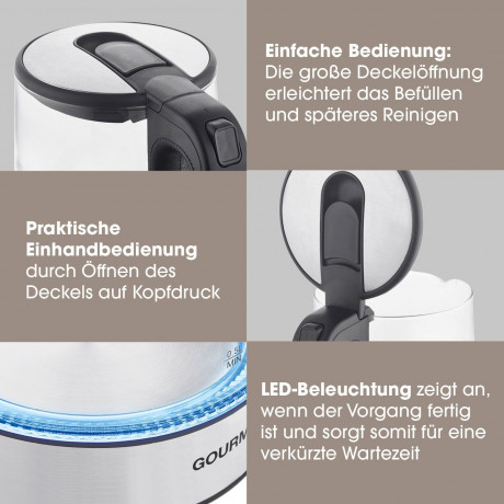 GOURMETmaxx GOURMETmaxx Wasserkocher Glas LED-Beleuchtung 1,7L Antikalkfilter, 1.7 l, 2200,00 W, automatischer Abschalter  Чайник GOURMETmaxx стеклянный со светодиодной подсветкой, фильтр от накипи 1,7 л, 1,7 л, 2200,00 Вт, автоматическое отклчение