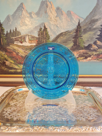 Декоративная тарелка винтажная Leonardo, синее стекло с растительным узором, 22,5 x 2 см, Германия, 1960-70гг.