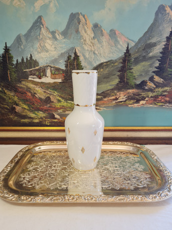 Ваза винтажная JRJS с золотистым геометричным декором и окантовкой, фарфор, 25.5 см, Германия, 1960-70гг.