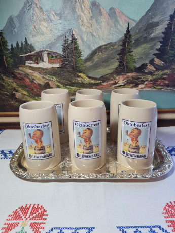 Немецкая пивная кружка винтажная Lowenbrau / Oktoberfest с изображением льва, керамика, 6 шт., 0.5 л, 15 см, Германия, 1970-80гг.