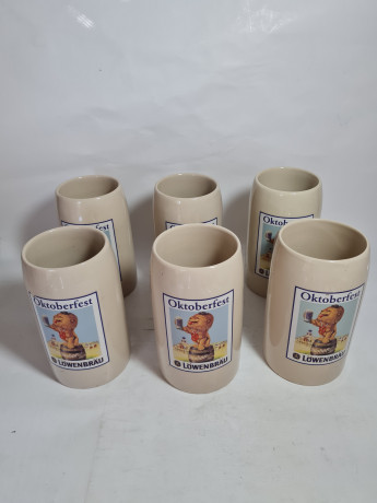 Немецкая пивная кружка винтажная Lowenbrau / Oktoberfest с изображением льва, керамика, 6 шт., 0.5 л, 15 см, Германия, 1970-80гг.