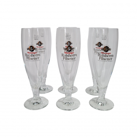 Немецкие бокалы пивные винтажные Moninger / Ratsherrn Pilsener, стекло, 6 шт., 0.2 л, 20 см, Германия, 1980-90гг.