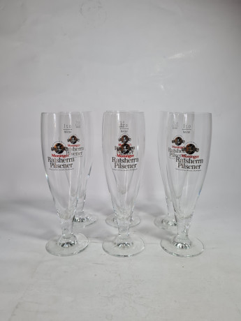 Немецкие бокалы пивные винтажные Moninger / Ratsherrn Pilsener, стекло, 6 шт., 0.2 л, 20 см, Германия, 1980-90гг.