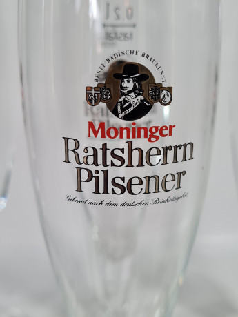 Немецкие бокалы пивные винтажные Moninger / Ratsherrn Pilsener, стекло, 6 шт., 0.2 л, 20 см, Германия, 1980-90гг.
