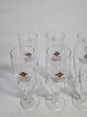 Немецкие бокалы пивные винтажные Moninger / Ratsherrn Pilsener, стекло, 6 шт., 0.2 л, 20 см, Германия, 1980-90гг.