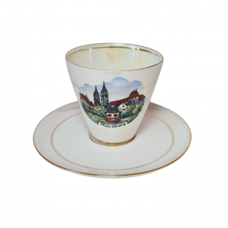 Кофейная пара винтажная Alka Bavaria, белый фарфор с изображением г.Моссбург, 6 x 8 см, 11 см, Германия, 1960-70гг.