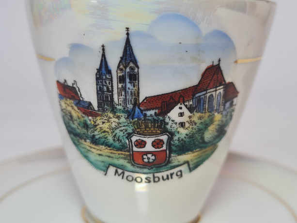 Кофейная пара винтажная Alka Bavaria, белый фарфор с изображением г.Моссбург, 6 x 8 см, 11 см, Германия, 1960-70гг.