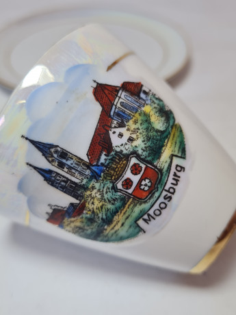 Кофейная пара винтажная Alka Bavaria, белый фарфор с изображением г.Моссбург, 6 x 8 см, 11 см, Германия, 1960-70гг.