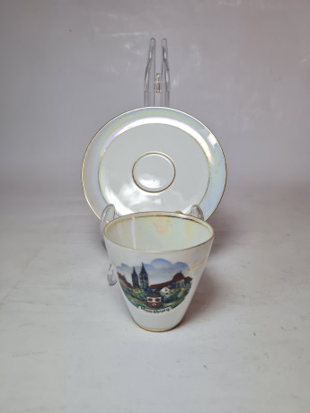 Кофейная пара винтажная Alka Bavaria, белый фарфор с изображением г.Моссбург, 6 x 8 см, 11 см, Германия, 1960-70гг.