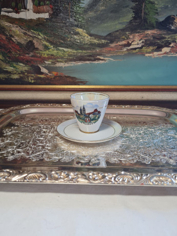 Кофейная пара винтажная Alka Bavaria, белый фарфор с изображением г.Моссбург, 6 x 8 см, 11 см, Германия, 1960-70гг.