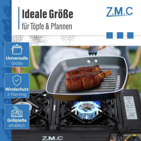 ZMC ZMC Gaskocher PREMIUM 2 flammig Campingkocher Gaskocher Grillplatte+8x Gaskartusche, (Grill Platte Tischgrill Doppel Gasbrenner Gasgrill Kochfeld mit Piezozundung Warmeleistung: 2,0KW), Butan Gas 227g Gaskocher Outdoor Camping Gas Kocher Herd Butangas