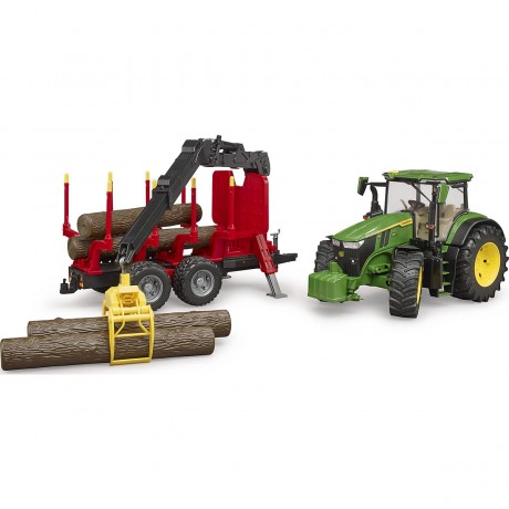 Bruder Traktor John Deere 7R350 mit Ruckeanhanger und vier Baumstammen Трактор John Deere 7R350 с прицепом и четырьмя бревнами