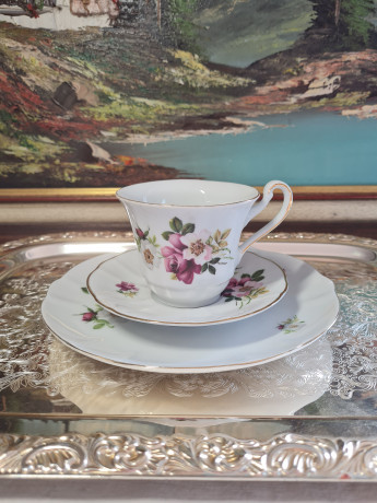 Чайное трио винтажное Winterling Schwarzenbach Bavaria, белый фарфор с ярким цветочным декором и позолоченным ободком, Германия, 1960-70гг.